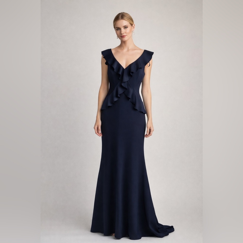 Jessica Howard Navy Ruffle V‑Neck Maxi Gown